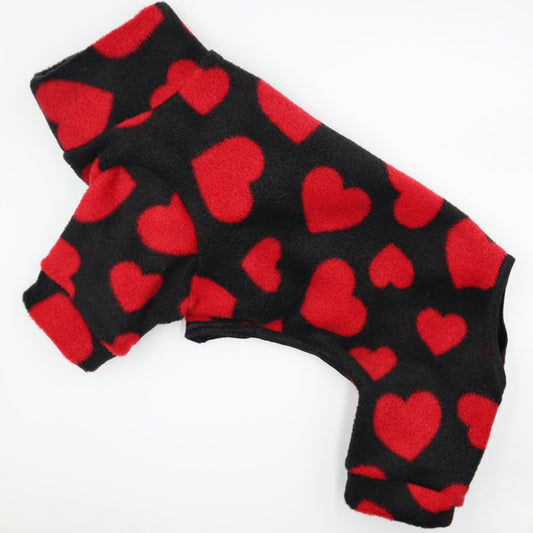 Dog Fleece Suit in a Red Hearts Valentines Print Fleece