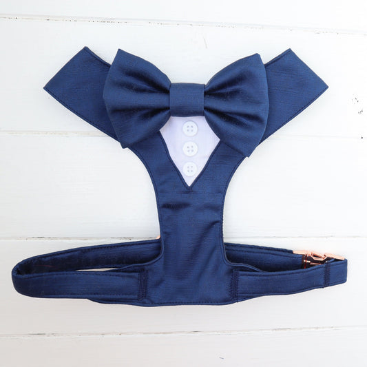 Tuxedo Wedding Dog Harness in Navy Blue Shot Silk Satin with Navy Blue Bow CHOICE of COLOURS