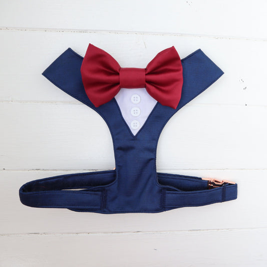 Tuxedo Wedding Dog Harness in Navy Blue Shot Silk Satin with Ruby Burgundy Bow CHOICE of COLOURS