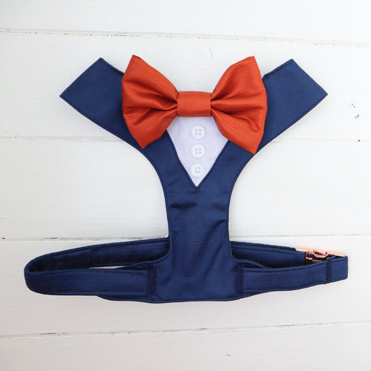 Tuxedo Wedding Dog Harness in Navy Shot Silk Satin with Rust Bow CHOICE of COLOURS