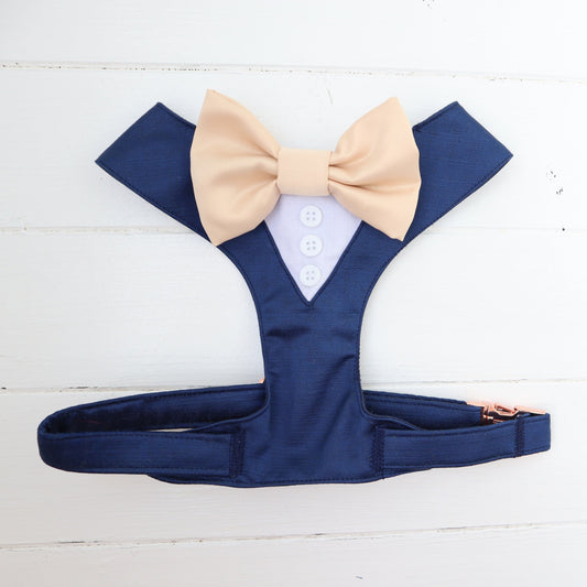 Tuxedo Wedding Dog Harness in Navy Blue Shot Silk Satin with Champagne CHOICE of COLOURS  Bow