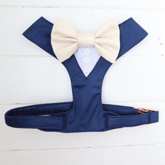 Tuxedo Wedding Dog Harness in Navy Blue Shot Silk Satin with Ivory Bow CHOICE of COLOURS