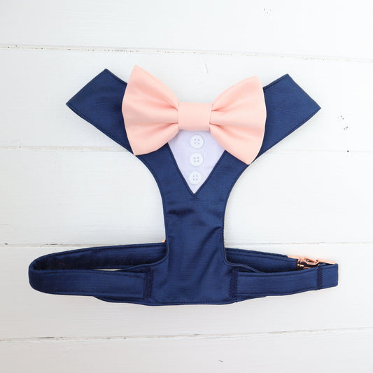 Tuxedo Wedding Dog Harness in Navy Shot Silk Satin with Blush Bow CHOICE of COLOURS