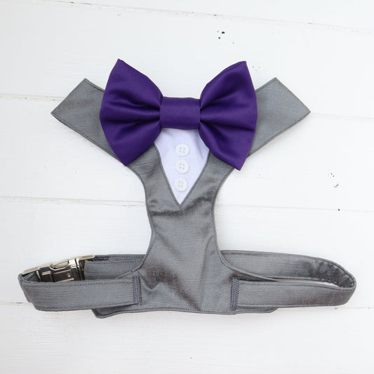 Tuxedo Wedding Dog Harness in Dark Grey Gray Silver Shot Silk Satin with Purple Bow CHOICE of COLOURS