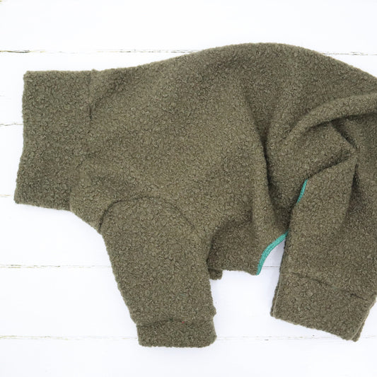 Dog Fleece Suit in an Olive Camo Green Boucle Fleece Fabric Choice of Colours