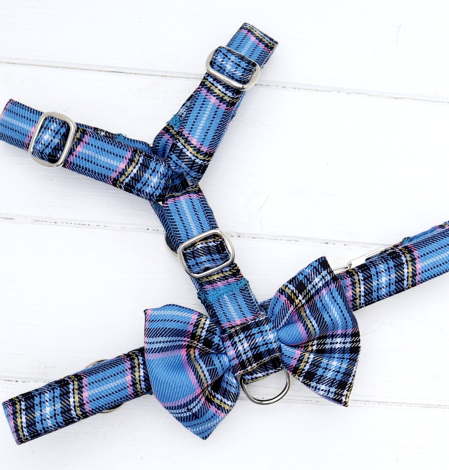 Dog Harness in Blue Plaid Tartan Fabric Cute Bow