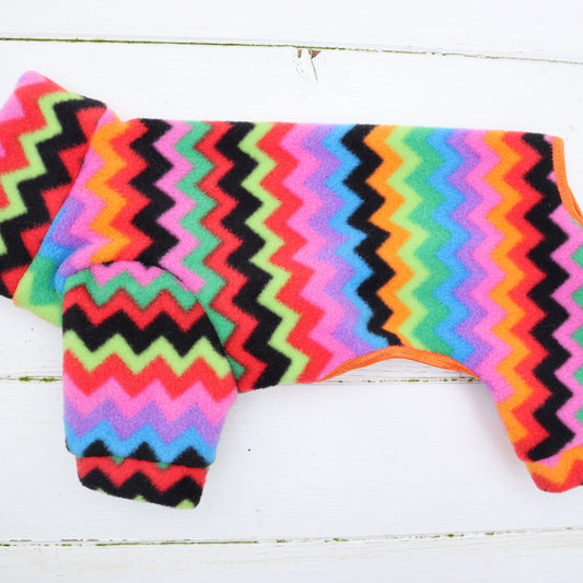 Dog Fleece Suit in a Bright Rainbow Zig Zag Design Dog Outfit Costume