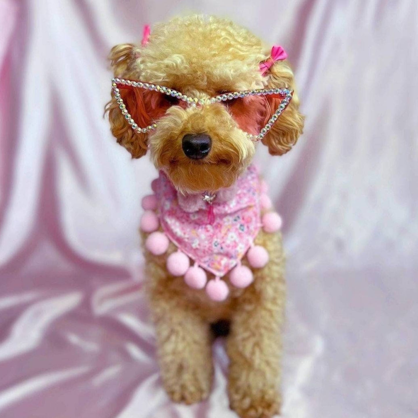 Dog Bandana Pink Floral Fabric with Pom Pom Trim and Cute Faux Fur Bow with Rhinestone Centre Dog Birthday Gift Tie on Bandana
