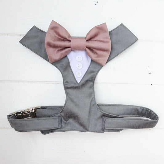 Tuxedo Wedding Dog Harness in Dark Grey Gray Silver Shot Silk Satin with Dusky Rose Bow CHOICE of COLOURS