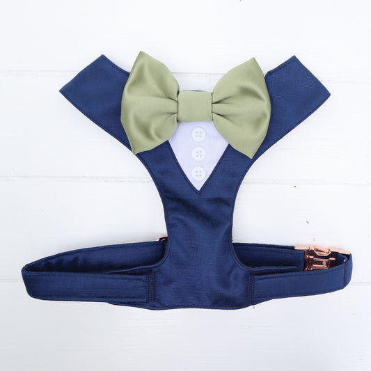 Tuxedo Wedding Dog Harness in Navy Blue Shot Silk Satin with Sage Bow CHOICE of COLOURS