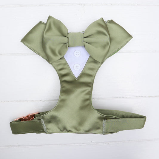 Tuxedo Wedding Dog Harness in Sage Green Silk Satin with Sage Bow CHOICE of COLOURS