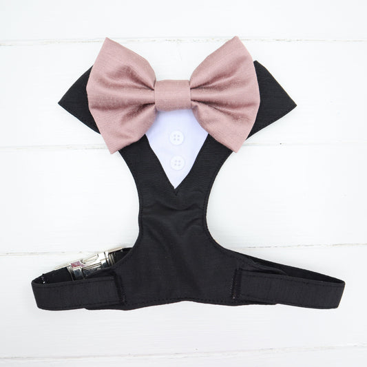 Tuxedo Wedding Dog Harness in Black Silk Satin with Dusky Pink Bow CHOICE of COLOURS