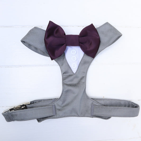 Tuxedo Wedding Dog Harness in Dark Grey Shot Silk Satin with Aubergine Bow CHOICE OF COLOURS
