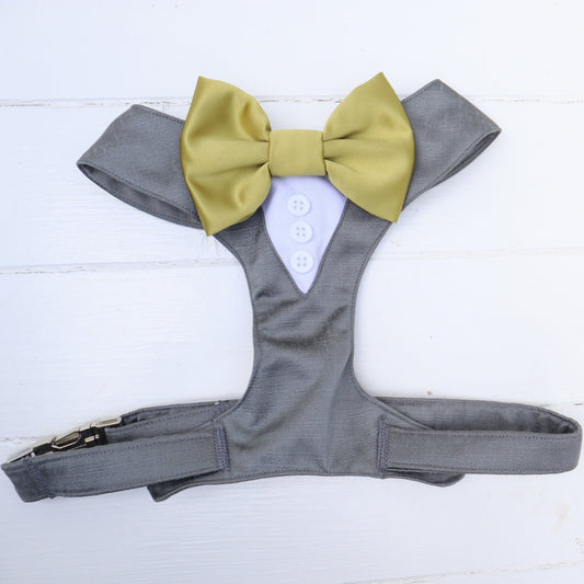 Tuxedo Wedding Dog Harness in Dark Grey Shot Silk Satin with Pistachio Bow CHOICE OF COLOURS