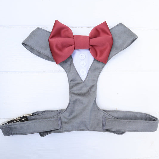 Tuxedo Wedding Dog Harness in Dark Grey Shot Silk Satin with Raspberry Bow CHOICE OF COLOURS