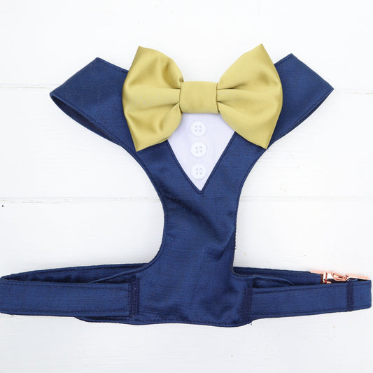 Tuxedo Wedding Dog Harness in Navy Shot Silk Satin with Pistachio Bow CHOICE OF COLOURS
