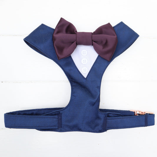Tuxedo Wedding Dog Harness in Navy Shot Silk Satin with Aubergine Bow CHOICE OF COLOURS