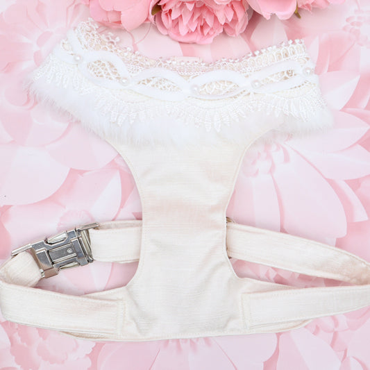 Winter Wedding Dog Harness in Ivory Silk Satin with Lace, Pearl, Faux Fur Trim