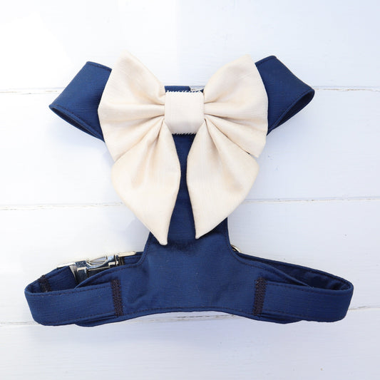 Wedding Dog Harness in Navy Blue Silk Satin with Ivory Satin Sailor Bow CHOICE of COLOURS