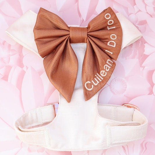 Wedding Dog Harness in Ivory Shot Silk Satin with Copper Sailor Bow I Do Too CHOICE of COLOURS