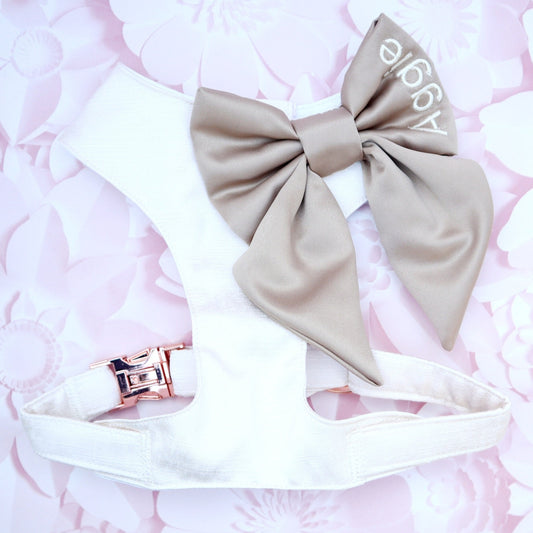Wedding Dog Harness in Ivory Shot Silk Satin with Antique Gold Sailor Bow CHOICE of COLOURS