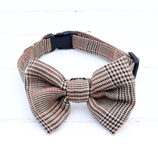 Dog Collar with Removable Bow in Beige Tweed Tartan Design