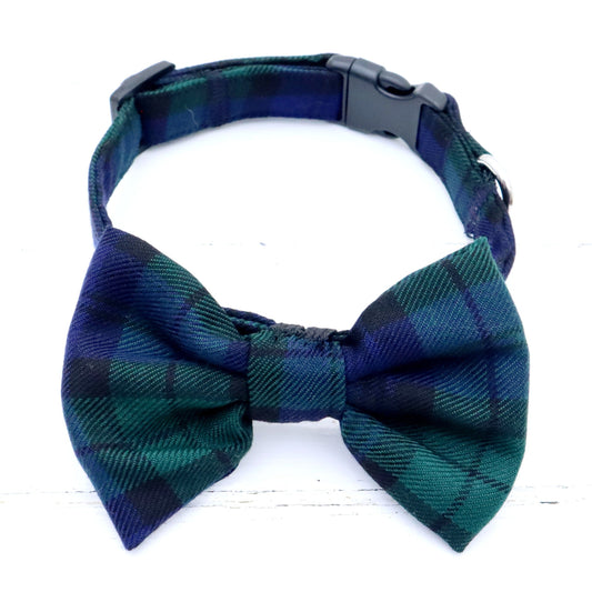 Dog Collar with Removable Bow in Blue Green Tartan Design