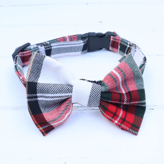 Dog Collar with Removable Bow in White Red Tartan Design