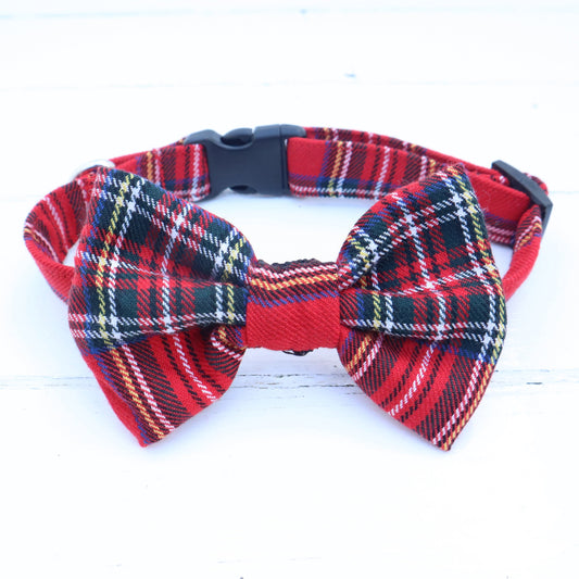 Dog Collar with Removable Bow in Red Tartan Design