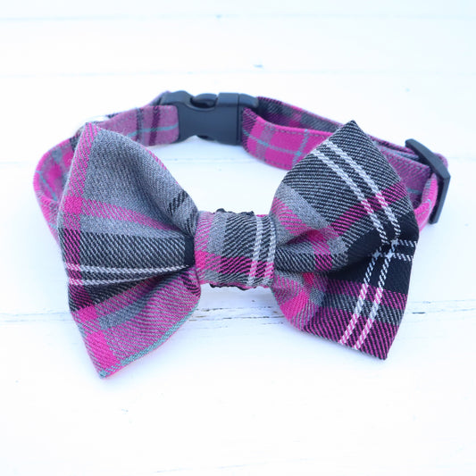 Dog Collar with Removable Bow in Pink Grey Tartan Design