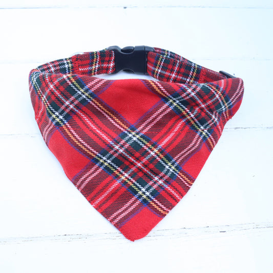 Dog Collar with Removable Bandana in Red Tartan Design