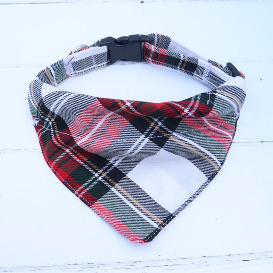 Dog Collar with Removable Bandana in White Red Tartan Design