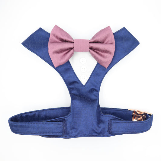 Tuxedo Wedding Dog Harness in Navy Shot Silk Satin with Mauve Bow CHOICE of COLOURS