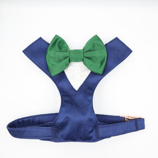 Tuxedo Wedding Dog Harness in Navy Shot Silk Satin with Emerald Green Bow CHOICE of COLOURS