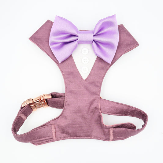 Tuxedo Wedding Dog Harness in Mauve Shot Silk Satin with Lilac Bow CHOICE of COLOURS