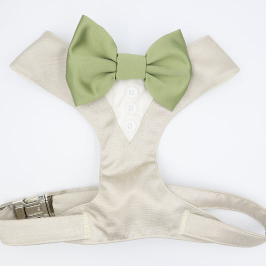 Tuxedo Wedding Dog Harness in Beige Natural Shot Silk Satin with Sage Green Bow CHOICE of COLOURS