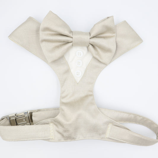 Tuxedo Wedding Dog Harness in Beige Natural Shot Silk Satin with Matching Bow CHOICE of COLOURS