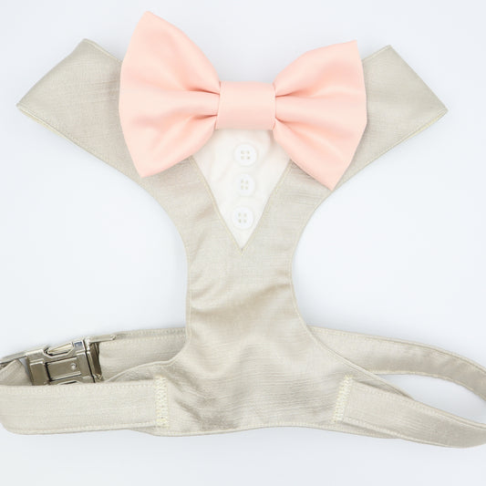 Tuxedo Wedding Dog Harness in Beige Natural Shot Silk Satin with Blush Bow CHOICE of COLOURS