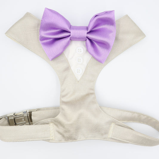 Tuxedo Wedding Dog Harness in Beige Natural Shot Silk Satin with Lilac Bow CHOICE of COLOURS