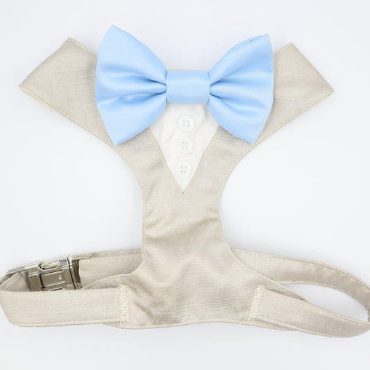 Tuxedo Wedding Dog Harness in Beige Natural Shot Silk Satin with Light Blue Bow CHOICE of COLOURS