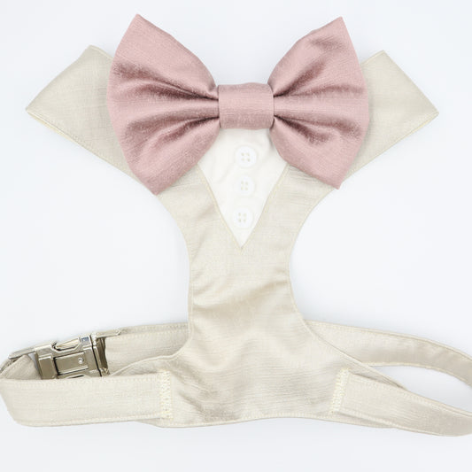 Tuxedo Wedding Dog Harness in Beige Natural Shot Silk Satin with Dusty Pink Bow CHOICE of COLOURS