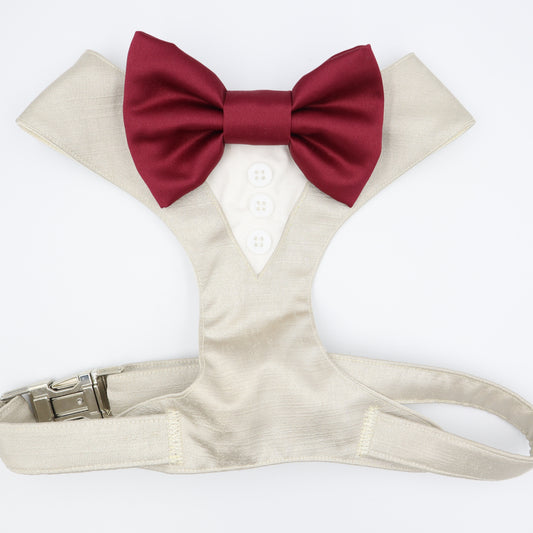 Tuxedo Wedding Dog Harness in Beige Natural Shot Silk Satin with Burgundy Bow CHOICE of COLOURS