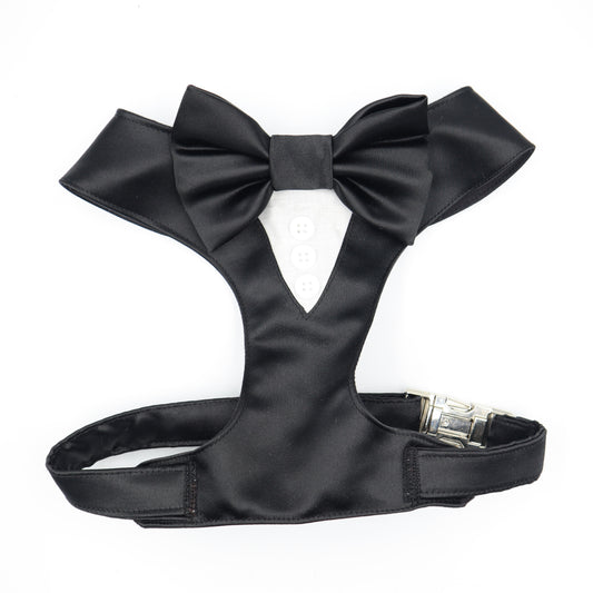 Tuxedo Wedding Dog Harness in a Black Silk Satin with Matching Bow CHOICE of COLOURS