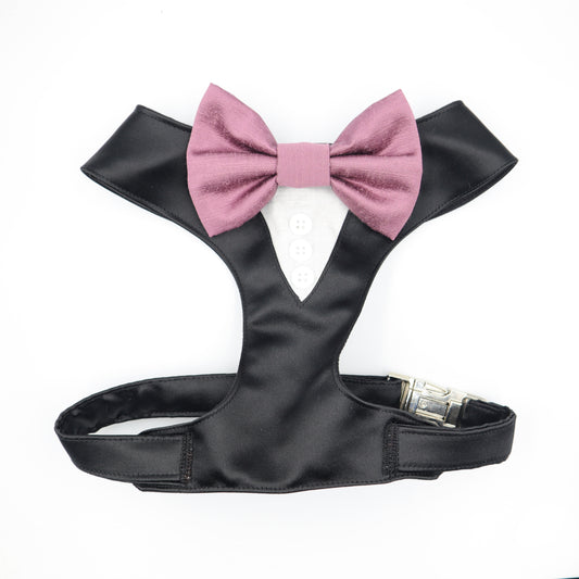 Tuxedo Wedding Dog Harness in a Black Silk Satin with Mauve Bow CHOICE of COLOURS