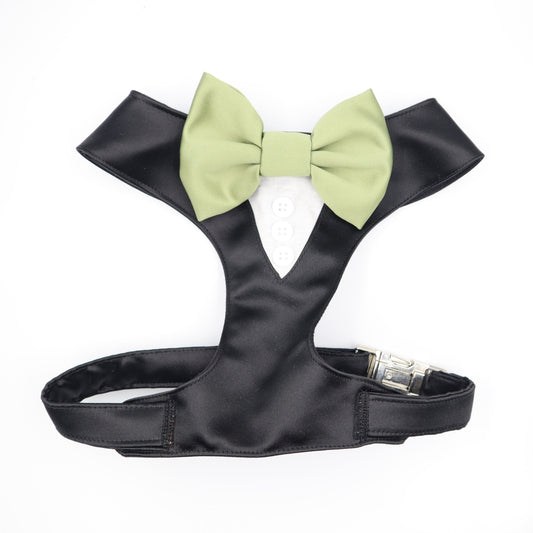 Tuxedo Wedding Dog Harness in a Black Silk Satin with Sage Bow CHOICE of COLOURS