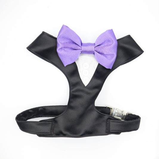 Tuxedo Wedding Dog Harness in a Black Silk Satin with Lavender Bow CHOICE of COLOURS