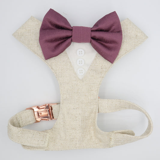 Tuxedo Wedding Dog Harness in Beige Natural Linen Style TEXTURED Fabric with Mauve Satin Bow CHOICE of COLOURS