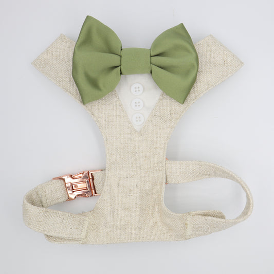 Tuxedo Wedding Dog Harness in Beige Natural Linen Style TEXTURED Fabric with Sage Green Satin Bow CHOICE of COLOURS
