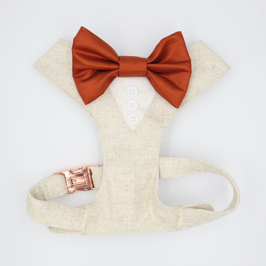 Tuxedo Wedding Dog Harness in Beige Natural Linen Style TEXTURED Fabric with Rust Orange Satin Bow CHOICE of COLOURS