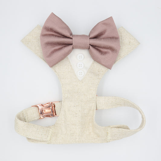 Tuxedo Wedding Dog Harness in Beige Natural Linen Style TEXTURED Fabric with Dusty Pink Satin Bow CHOICE of COLOURS